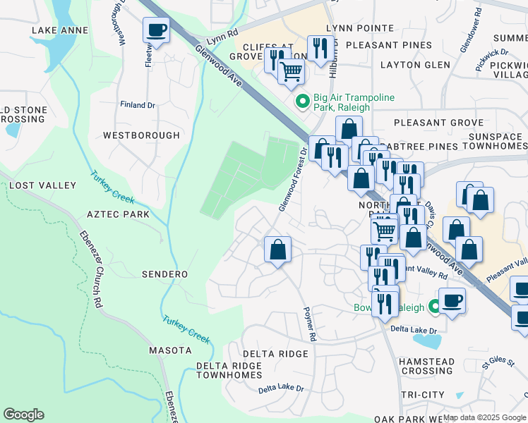 map of restaurants, bars, coffee shops, grocery stores, and more near 5132 Green Knight Court in Raleigh