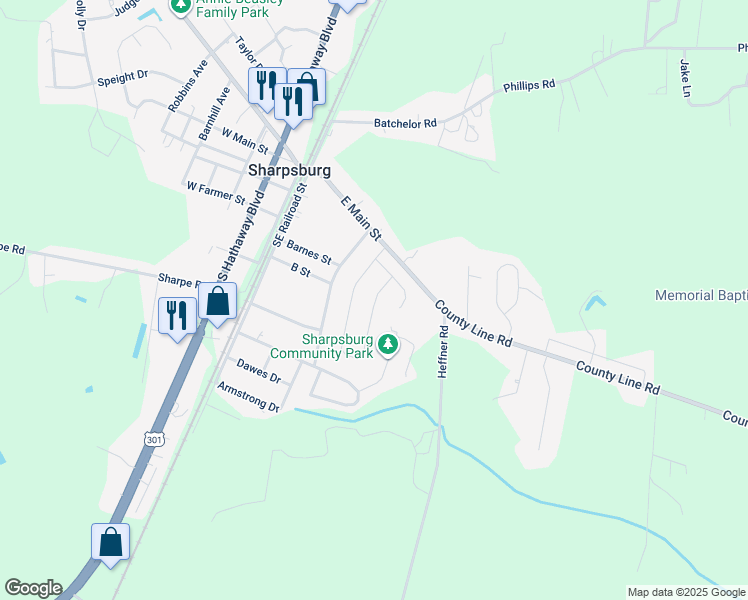 map of restaurants, bars, coffee shops, grocery stores, and more near 169 Weavers Circle in Sharpsburg