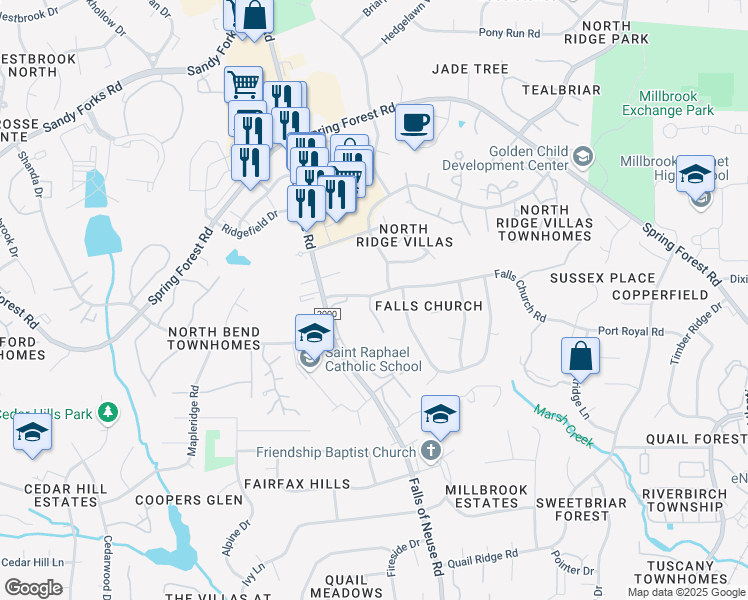 map of restaurants, bars, coffee shops, grocery stores, and more near 5804 Falls of Neuse Road in Raleigh