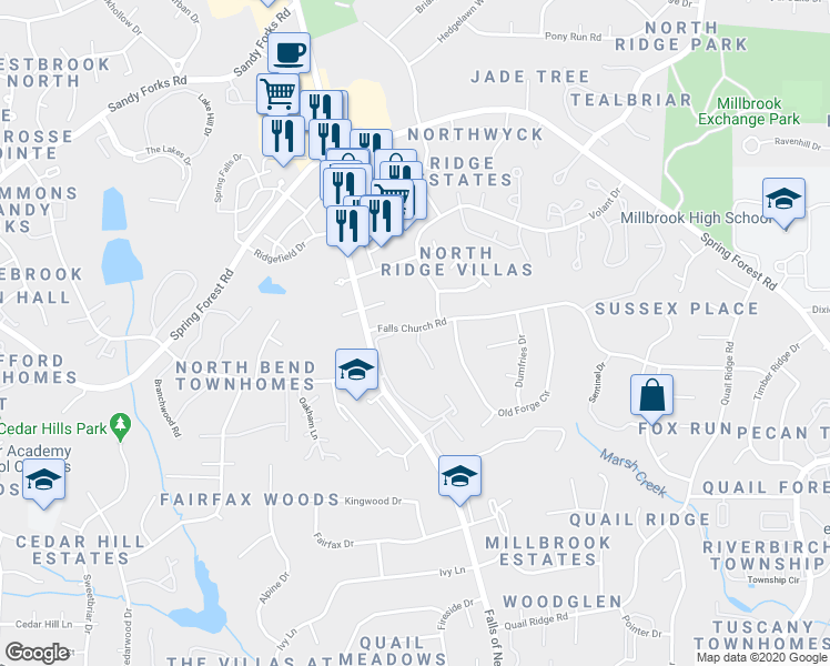map of restaurants, bars, coffee shops, grocery stores, and more near 5804 Falls of Neuse Road in Raleigh