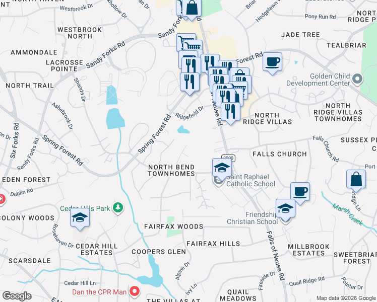 map of restaurants, bars, coffee shops, grocery stores, and more near 5815 Faringdon Place in Raleigh