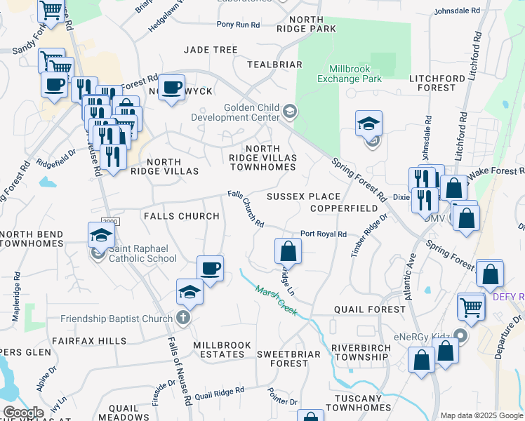 map of restaurants, bars, coffee shops, grocery stores, and more near 5835 Sentinel Drive in Raleigh