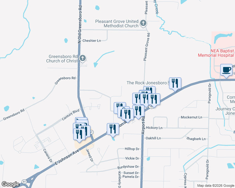 map of restaurants, bars, coffee shops, grocery stores, and more near 1811 Pearl Drive in Jonesboro
