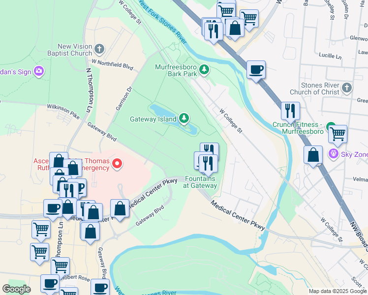 map of restaurants, bars, coffee shops, grocery stores, and more near 1505 Williams Drive in Murfreesboro
