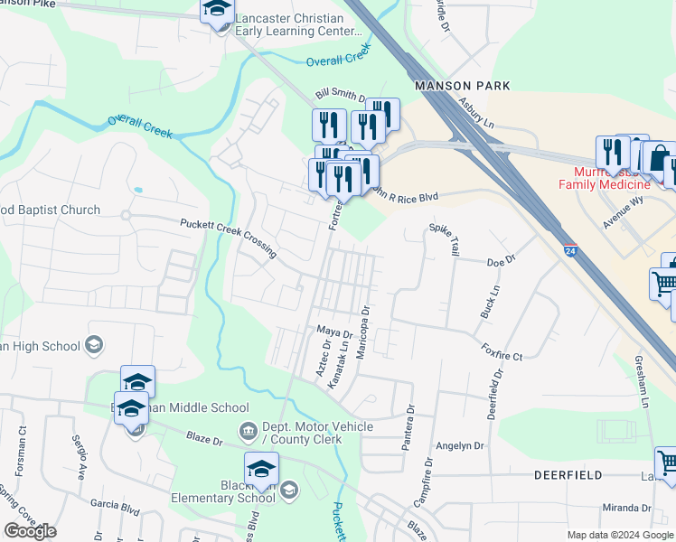 map of restaurants, bars, coffee shops, grocery stores, and more near 1023 Sitting Bull Crossing in Murfreesboro