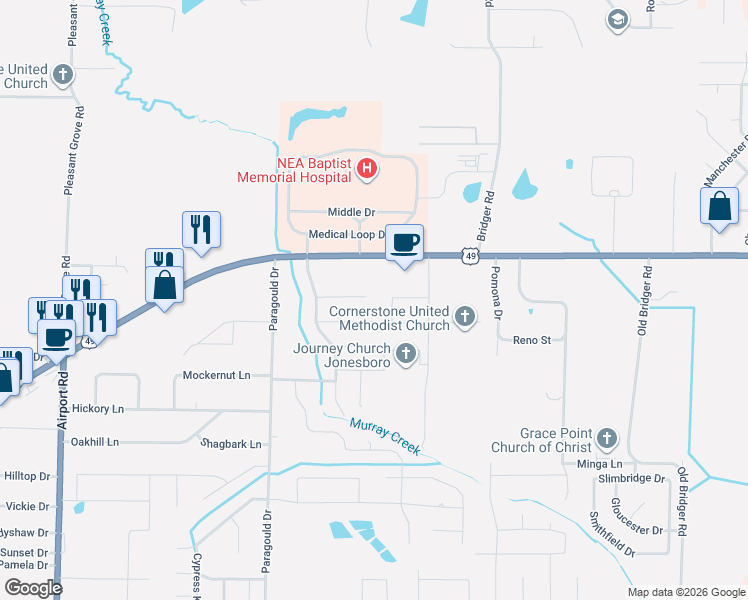 map of restaurants, bars, coffee shops, grocery stores, and more near 4601 Peter Trail in Jonesboro