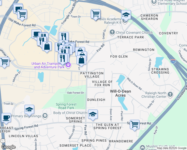 map of restaurants, bars, coffee shops, grocery stores, and more near 4618 Pooh Corner Drive in Raleigh