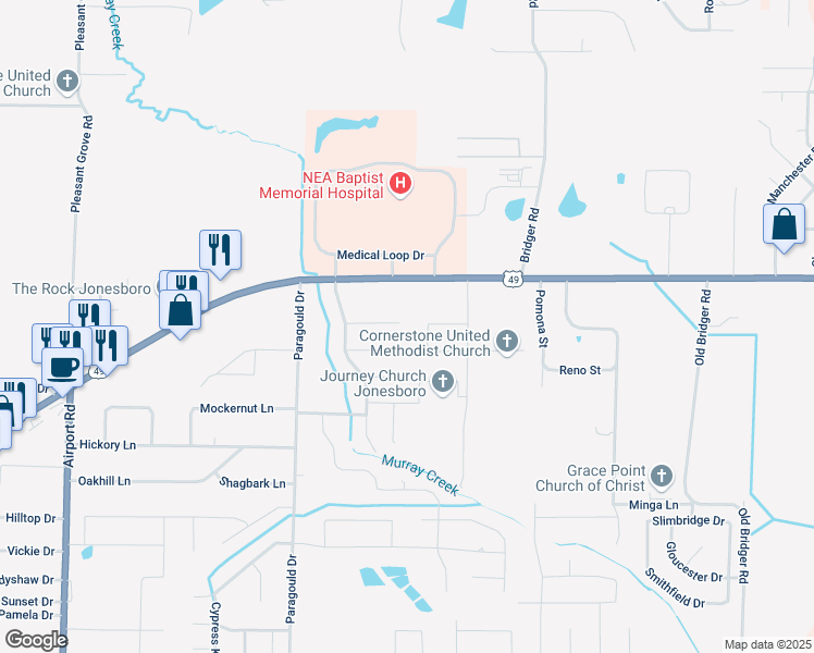 map of restaurants, bars, coffee shops, grocery stores, and more near 4521 Montego Bay Cove in Jonesboro