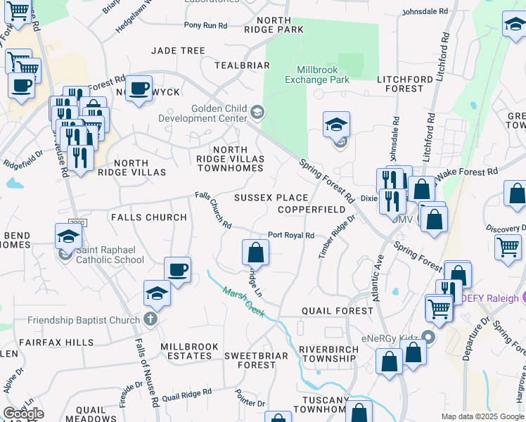 map of restaurants, bars, coffee shops, grocery stores, and more near 2005 Port Royal Road in Raleigh