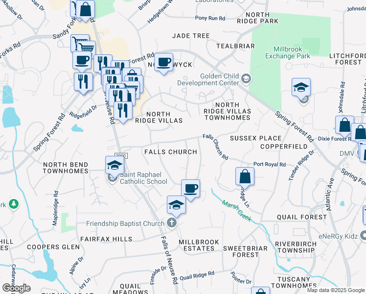 map of restaurants, bars, coffee shops, grocery stores, and more near 5805 Dumfries Drive in Raleigh