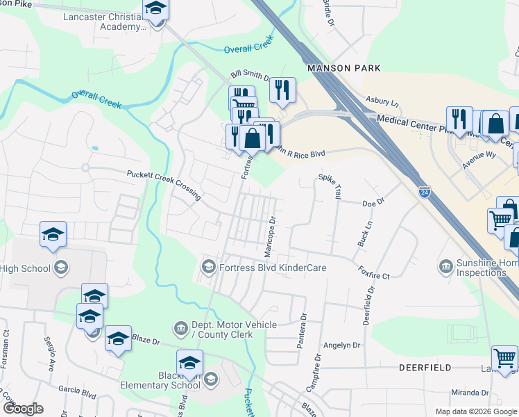 map of restaurants, bars, coffee shops, grocery stores, and more near 949 Maricopa Drive in Murfreesboro