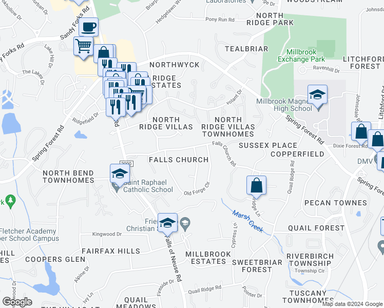 map of restaurants, bars, coffee shops, grocery stores, and more near 5805 Dumfries Drive in Raleigh