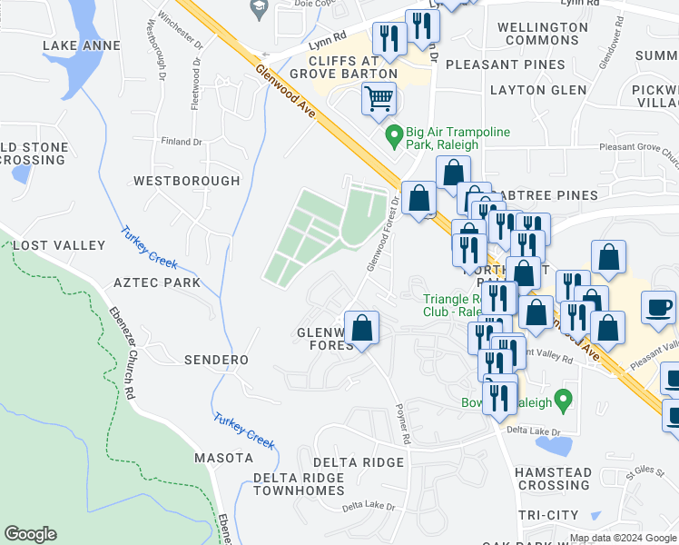 map of restaurants, bars, coffee shops, grocery stores, and more near 5148 Green Knight Court in Raleigh