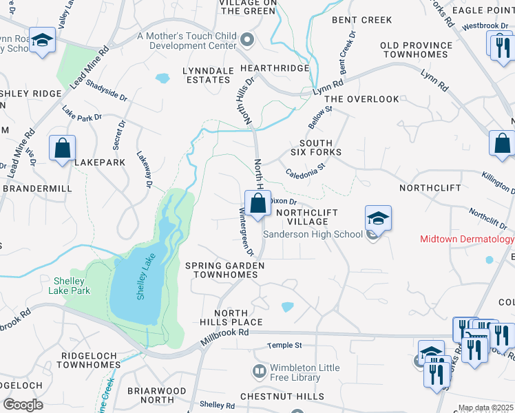 map of restaurants, bars, coffee shops, grocery stores, and more near 5941 North Hills Drive in Raleigh