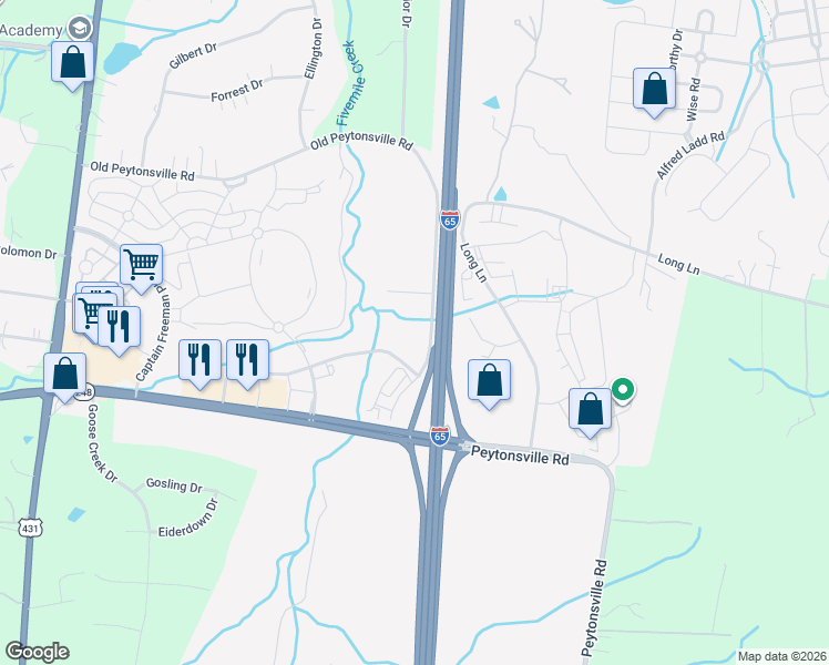 map of restaurants, bars, coffee shops, grocery stores, and more near 420 Old Peytonsville Road in Franklin