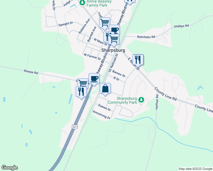 map of restaurants, bars, coffee shops, grocery stores, and more near South Railroad Street in Wilson County