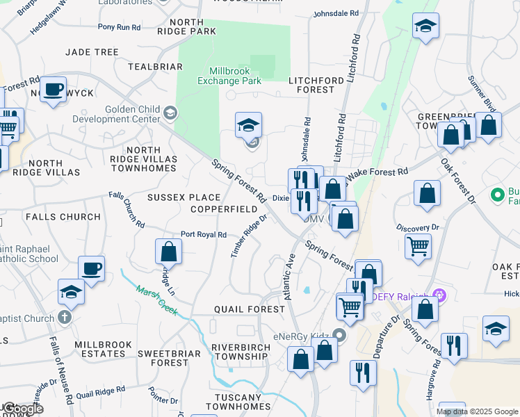 map of restaurants, bars, coffee shops, grocery stores, and more near 2100 Spring Forest Road in Raleigh