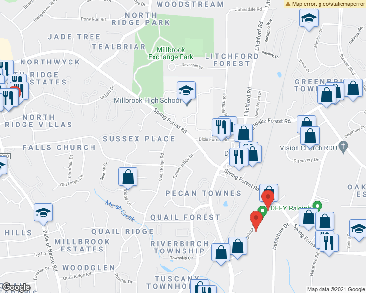 map of restaurants, bars, coffee shops, grocery stores, and more near 2100 Spring Forest Road in Raleigh