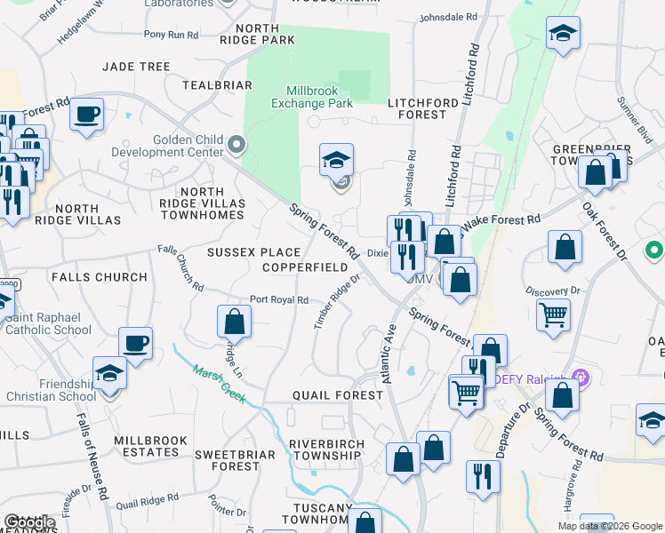 map of restaurants, bars, coffee shops, grocery stores, and more near 2212 Quail Ridge Road in Raleigh