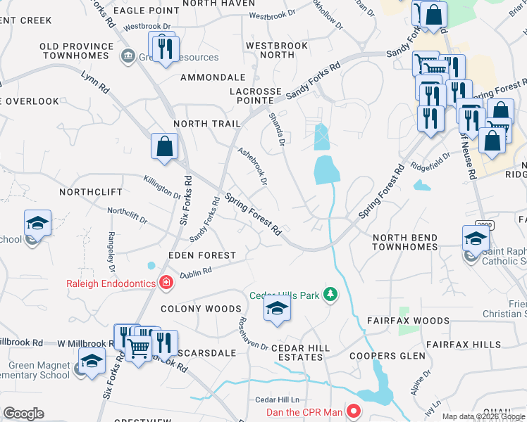 map of restaurants, bars, coffee shops, grocery stores, and more near 6316 Lynn Meadow Circle in Raleigh