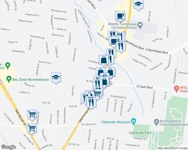 map of restaurants, bars, coffee shops, grocery stores, and more near 307 Kingwood Drive in Murfreesboro