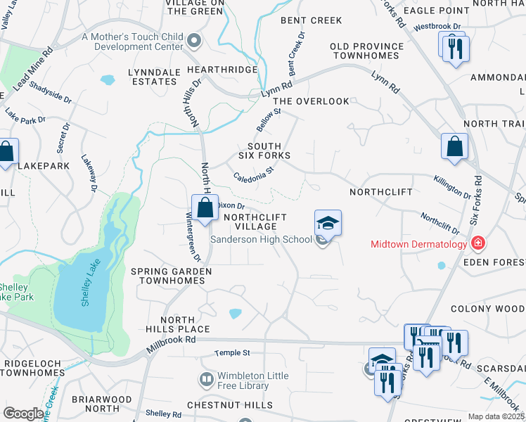 map of restaurants, bars, coffee shops, grocery stores, and more near 6046 Dixon Drive in Raleigh