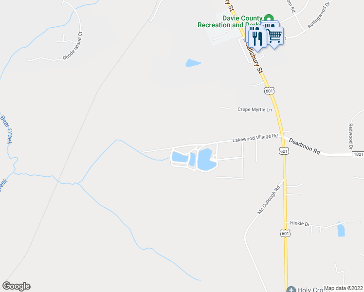 map of restaurants, bars, coffee shops, grocery stores, and more near 261 Lakewood Village Road in Mocksville