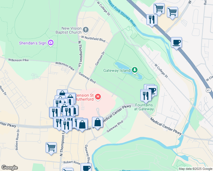 map of restaurants, bars, coffee shops, grocery stores, and more near 1708 Gateway Boulevard in Murfreesboro