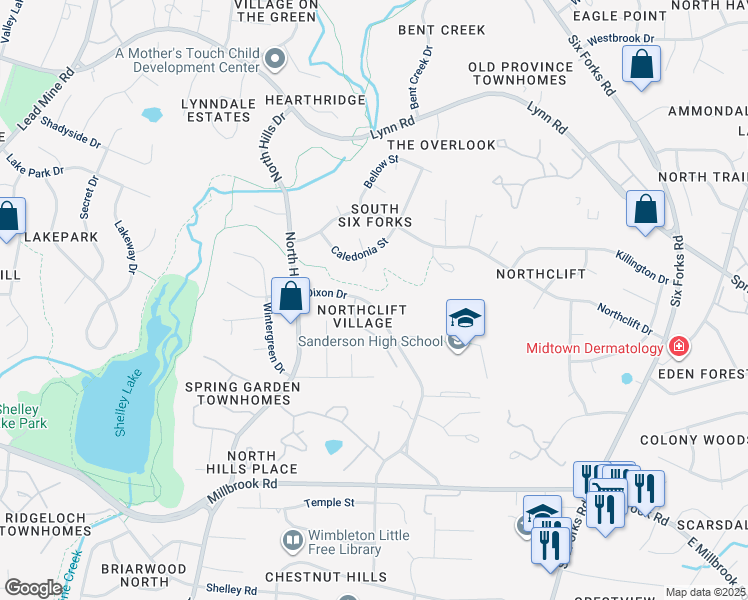 map of restaurants, bars, coffee shops, grocery stores, and more near 6046 Dixon Drive in Raleigh