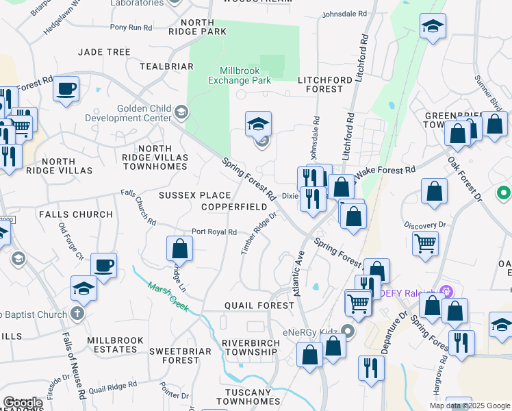 map of restaurants, bars, coffee shops, grocery stores, and more near 2104 Spring Forest Road in Raleigh