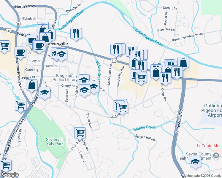 map of restaurants, bars, coffee shops, grocery stores, and more near 309 McMahan Avenue in Sevierville