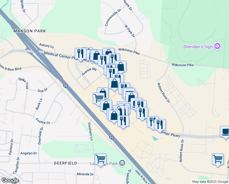 map of restaurants, bars, coffee shops, grocery stores, and more near 2615 Medical Center Parkway in Murfreesboro