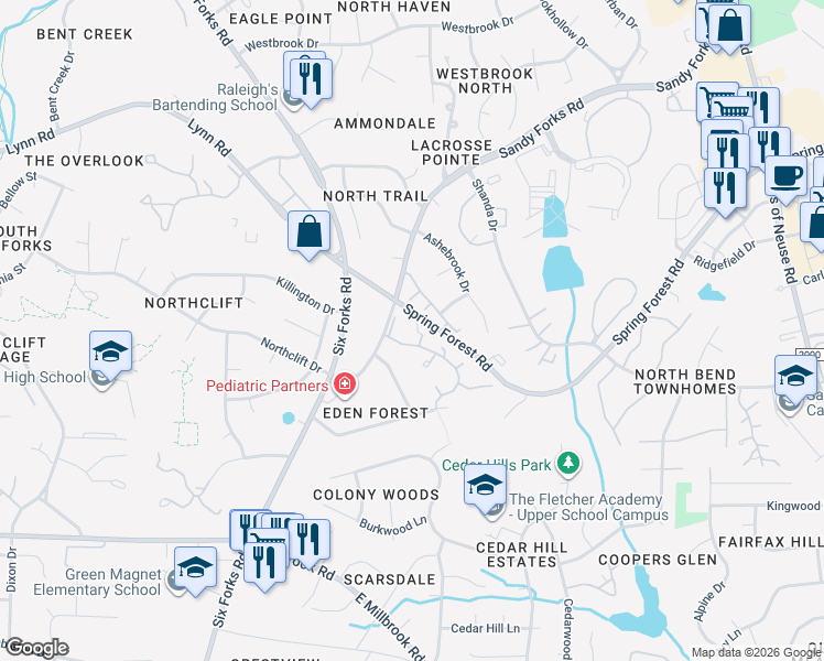 map of restaurants, bars, coffee shops, grocery stores, and more near 6103 Parker Croft Court in Raleigh