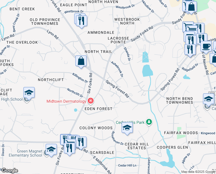map of restaurants, bars, coffee shops, grocery stores, and more near 6103 Parker Croft Court in Raleigh
