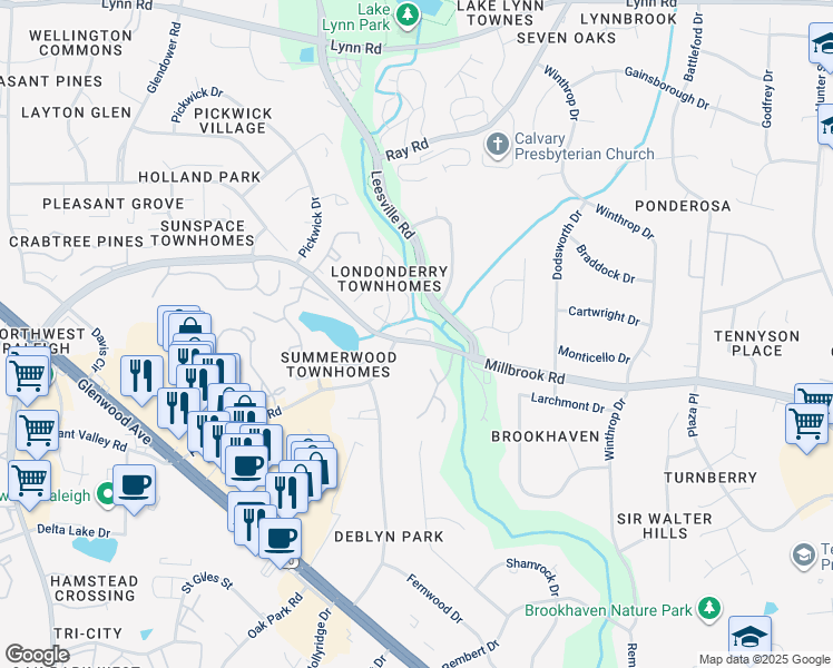 map of restaurants, bars, coffee shops, grocery stores, and more near 3611 Plumbridge Court in Raleigh