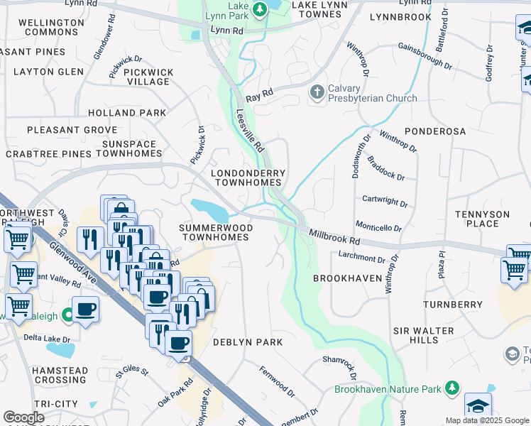 map of restaurants, bars, coffee shops, grocery stores, and more near 3611 Plumbridge Court in Raleigh