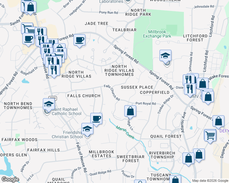 map of restaurants, bars, coffee shops, grocery stores, and more near 1707 Falls Church Road in Raleigh