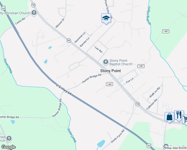 map of restaurants, bars, coffee shops, grocery stores, and more near 90 Hunter Bridge Road in Stony Point