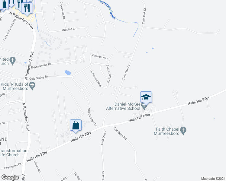 map of restaurants, bars, coffee shops, grocery stores, and more near 1121 Nahanee Court in Murfreesboro