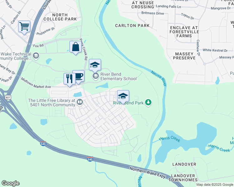 map of restaurants, bars, coffee shops, grocery stores, and more near 5701 Beardall Street in Raleigh