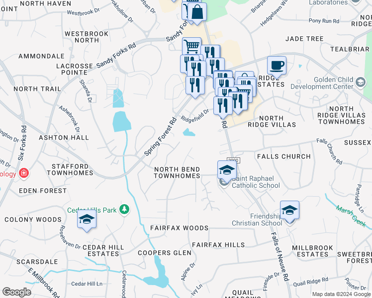 map of restaurants, bars, coffee shops, grocery stores, and more near 6005 Applewood Lane in Raleigh