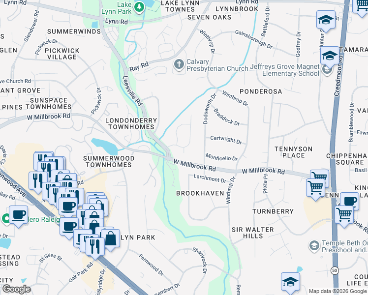 map of restaurants, bars, coffee shops, grocery stores, and more near Belgreen Court in Raleigh