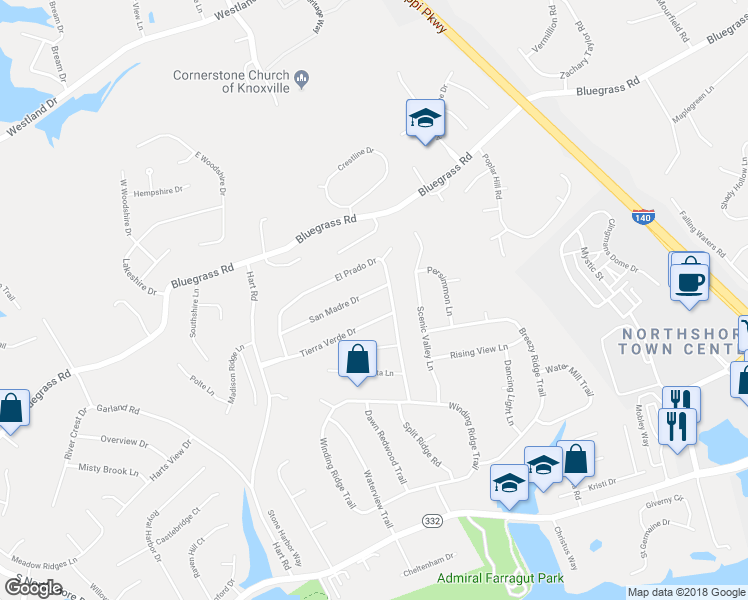 map of restaurants, bars, coffee shops, grocery stores, and more near 9908 San Madre Drive in Knoxville