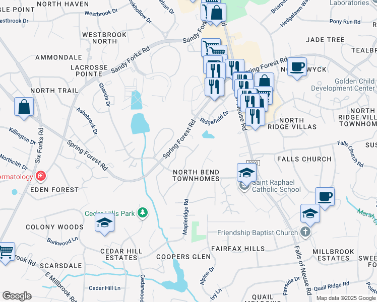 map of restaurants, bars, coffee shops, grocery stores, and more near 5946 Carmel Lane in Raleigh