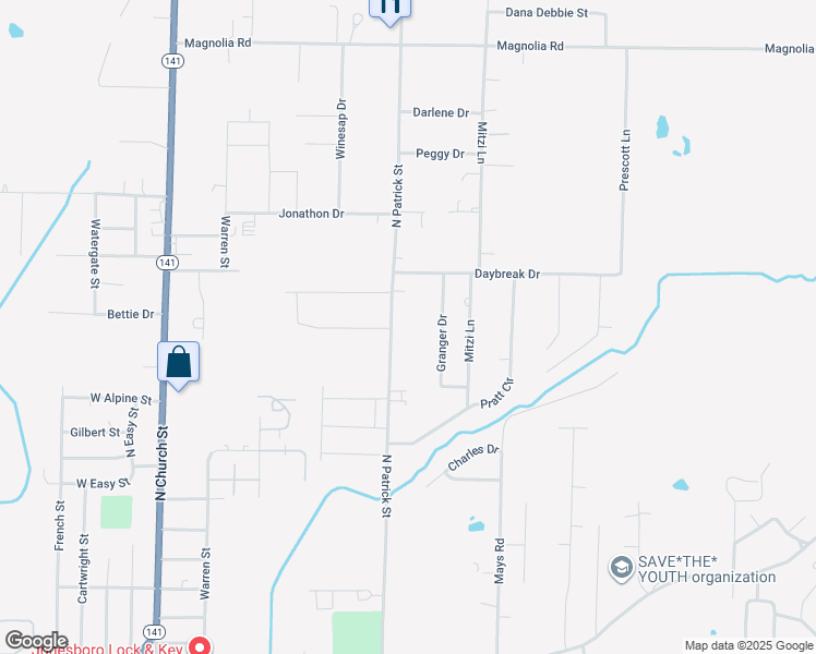 map of restaurants, bars, coffee shops, grocery stores, and more near 1605 Granger Drive in Jonesboro