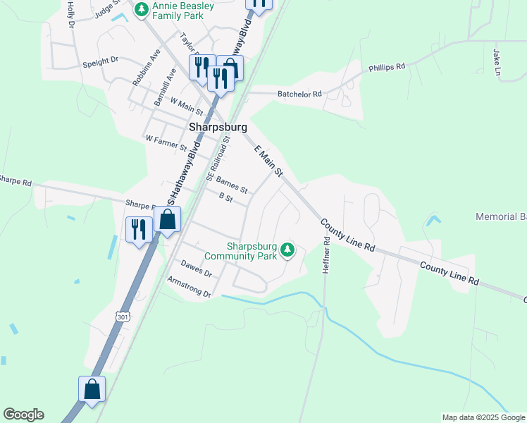map of restaurants, bars, coffee shops, grocery stores, and more near 116 Weavers Circle in Sharpsburg