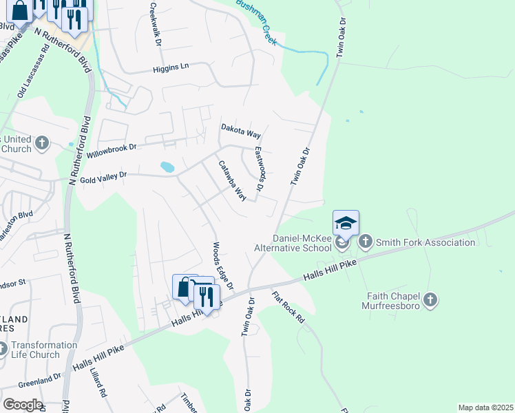map of restaurants, bars, coffee shops, grocery stores, and more near 1168 Catawba Way in Murfreesboro