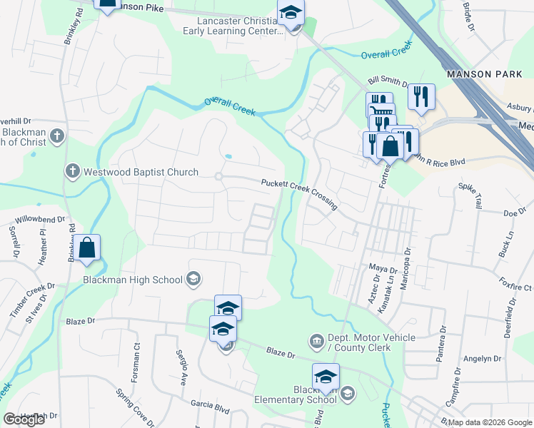 map of restaurants, bars, coffee shops, grocery stores, and more near 4203 Cortez Drive in Murfreesboro