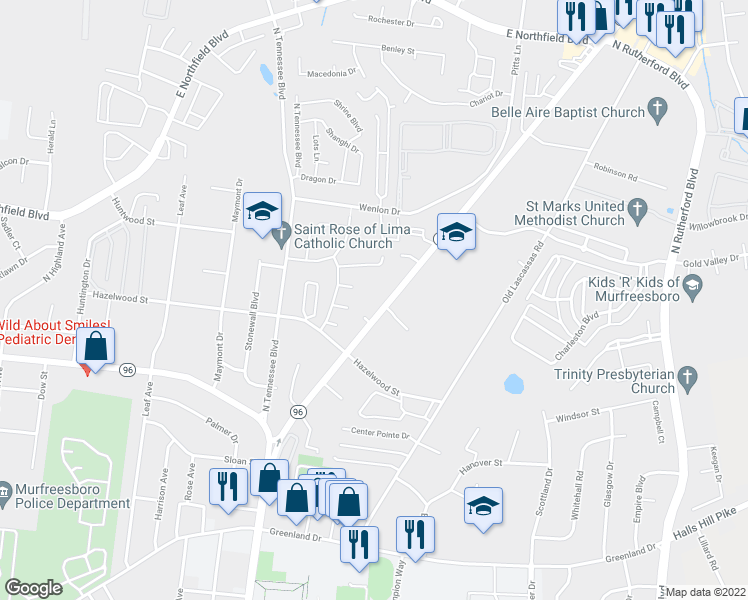 map of restaurants, bars, coffee shops, grocery stores, and more near 1535 Lascassas Pike in Murfreesboro