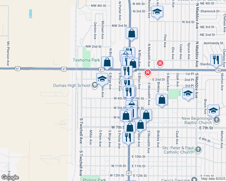 map of restaurants, bars, coffee shops, grocery stores, and more near 214-216 South Birge Avenue in Dumas